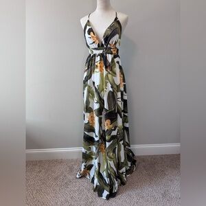 Fashion Nova Boho Tropical Crossback Plunge Maxi Dress L
